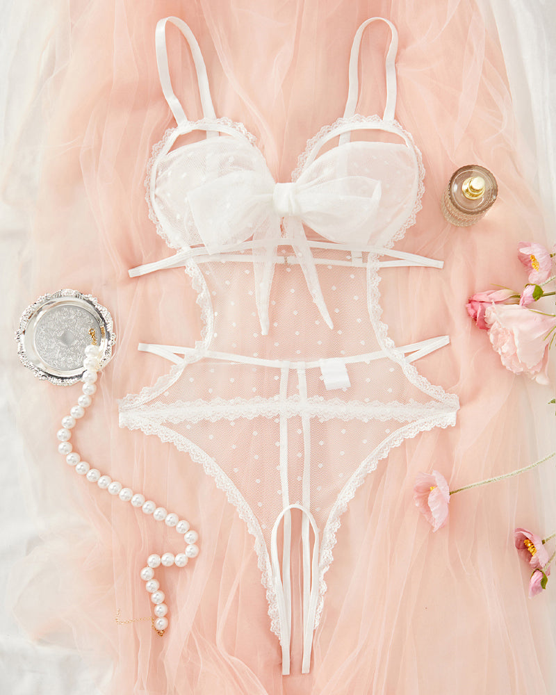 Body Pijama de Malla con Lunares, Encaje Floral y Entrepierna Abierta – Mujer