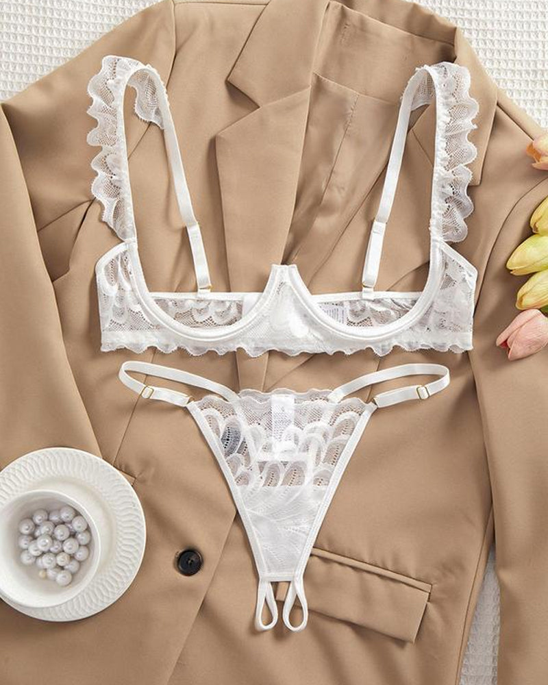 Conjunto de Lencería Sexy de Encaje para Mujer – Sujetador con Aros, Tirantes Ajustables y Tanga con Apertura