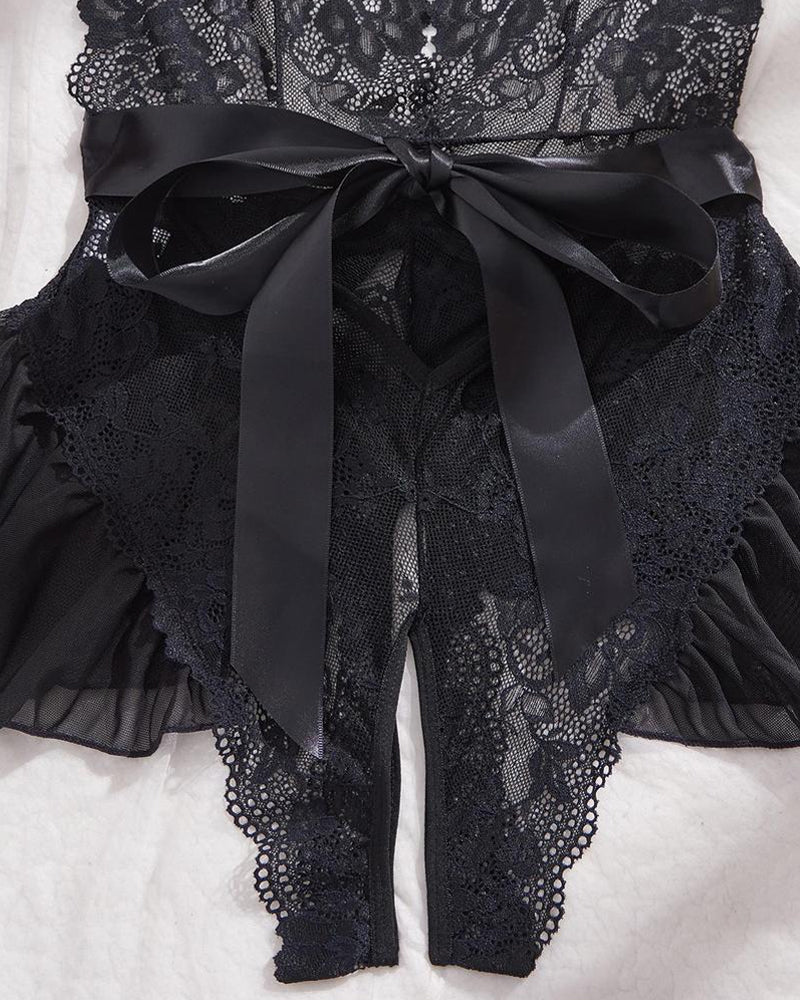 Camisón Femenino Sexy con Encaje Floral, Apertura en la Entrepierna y Tirantes Ajustables, Espalda Descubierta