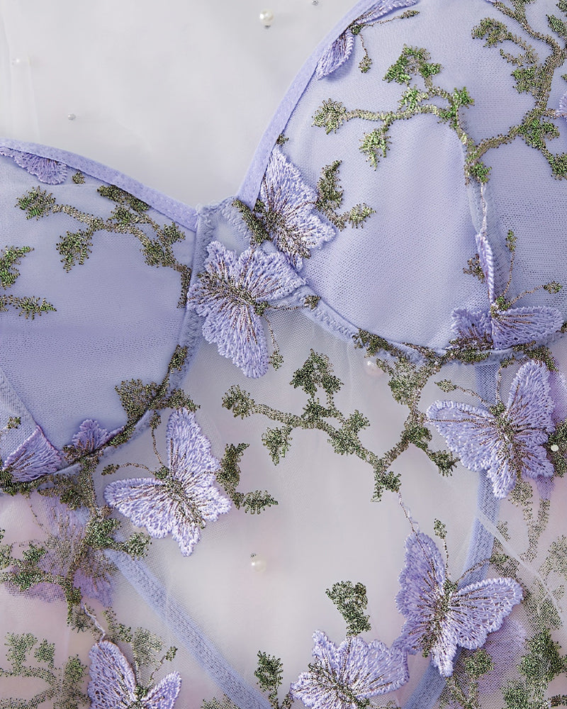 Conjunto Sexy de Noche con Ligas y Bordado de Mariposas, Camisón y Tanga