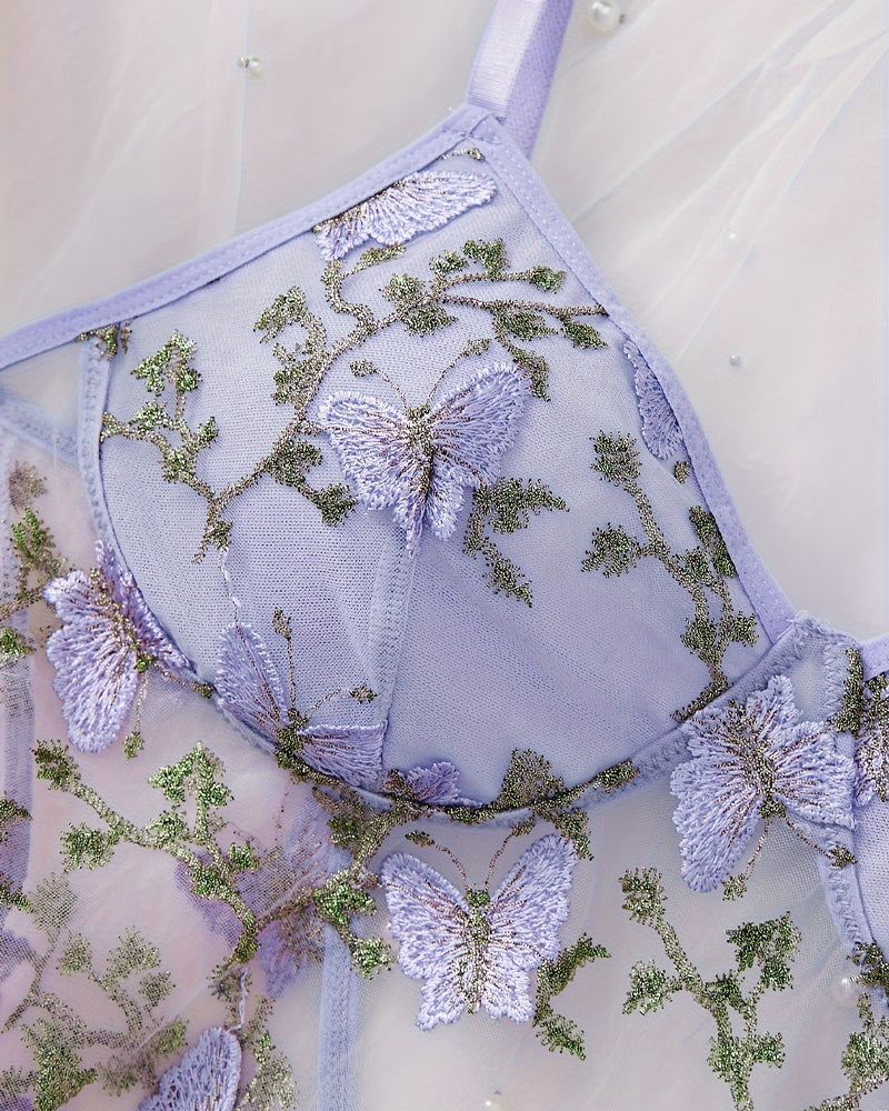 Conjunto Sexy de Noche con Ligas y Bordado de Mariposas, Camisón y Tanga