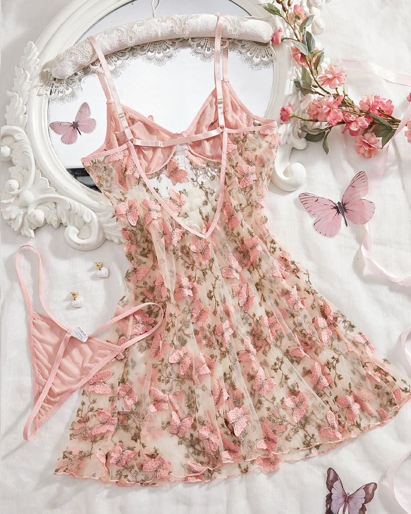 Conjunto Sexy de Noche con Ligas y Bordado de Mariposas, Camisón y Tanga