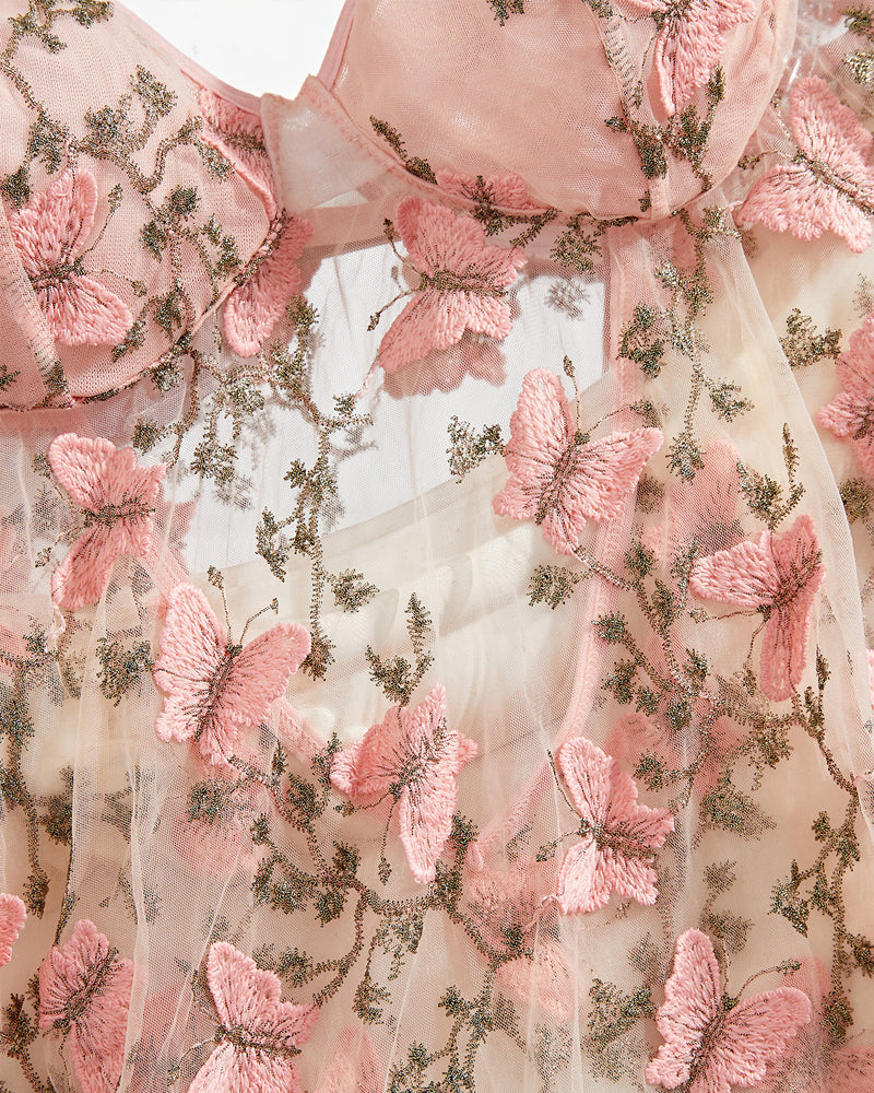 Conjunto Sexy de Noche con Ligas y Bordado de Mariposas, Camisón y Tanga