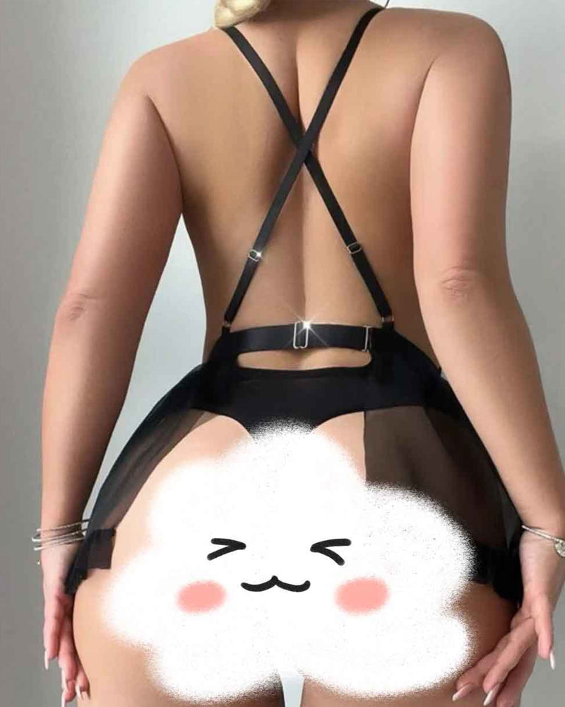 Conjunto Sexy de Bodysuit de Malla de Encaje Transparente con Escote Profundo en V y Medias de Red