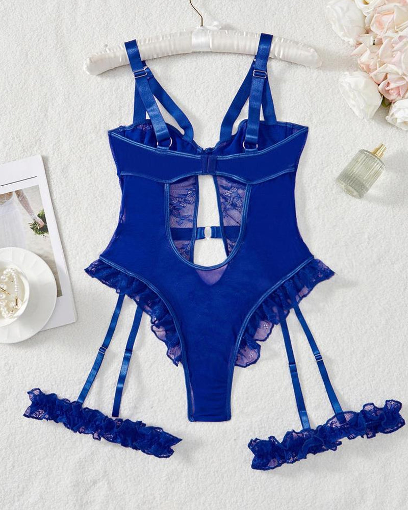 Body/Pijama Enterizo de Encaje y Malla con Espalda Abierta, Volantes y Aros Decorativos