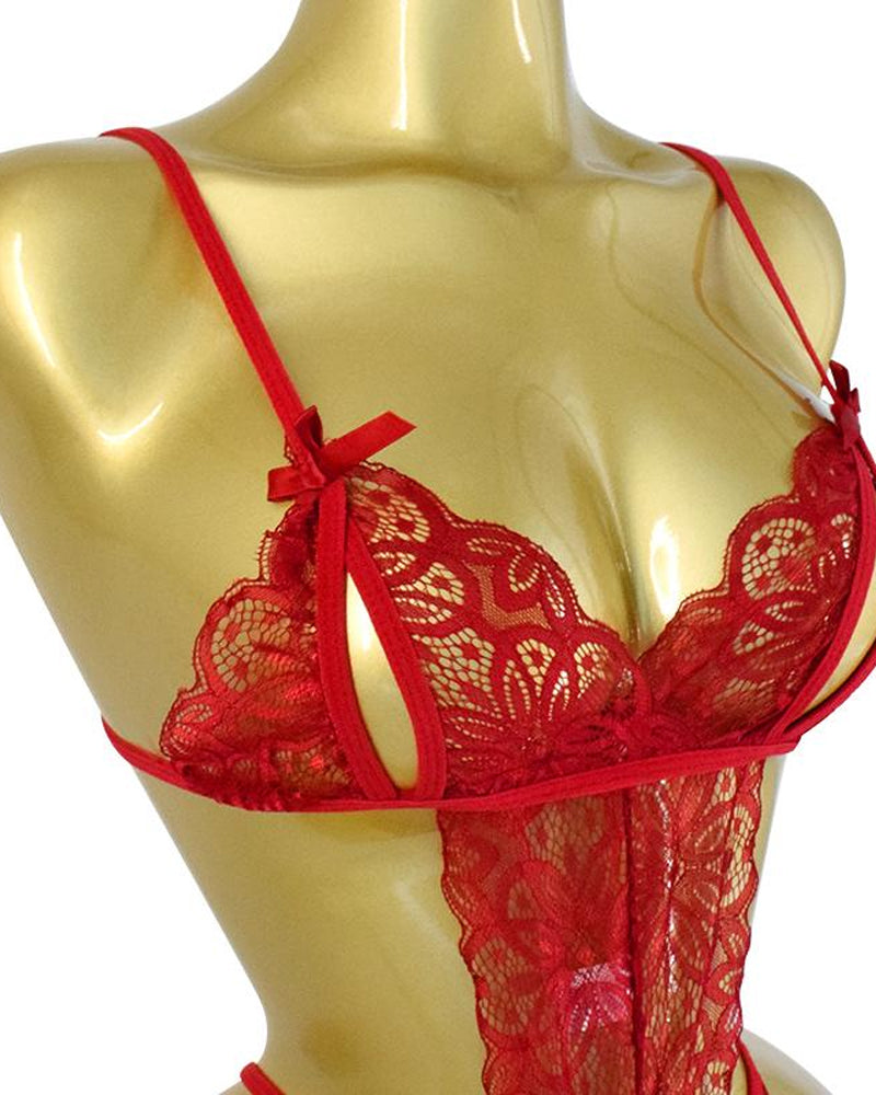 Pijama Enterizo de Encaje Floral Transparente y Sin Espalda – Teddy Romper