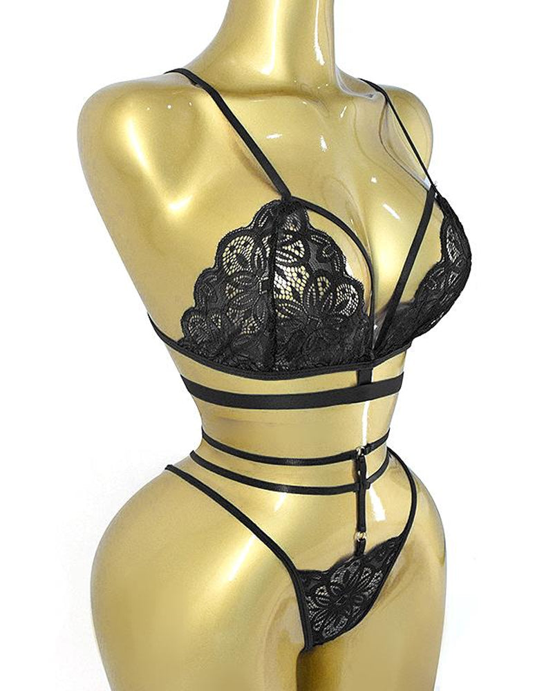Women's Floral Lace Sexy Adjustable Strap Bra and Thong Set