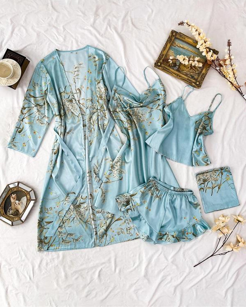 Conjunto Femenino de Cinco Piezas: Top de Tirantes y Shorts de Satén Estampado, Vestido de Tirantes, Camisón y Ropa para el Hogar