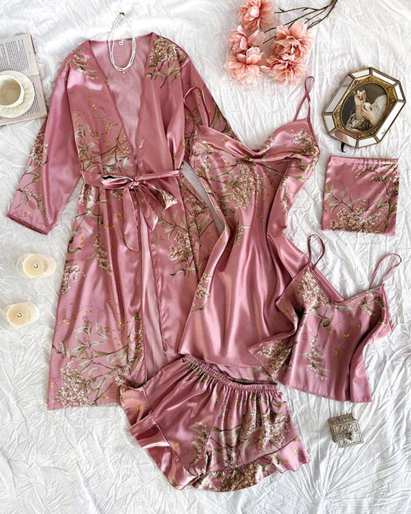 Conjunto Femenino de Cinco Piezas: Top de Tirantes y Shorts de Satén Estampado, Vestido de Tirantes, Camisón y Ropa para el Hogar