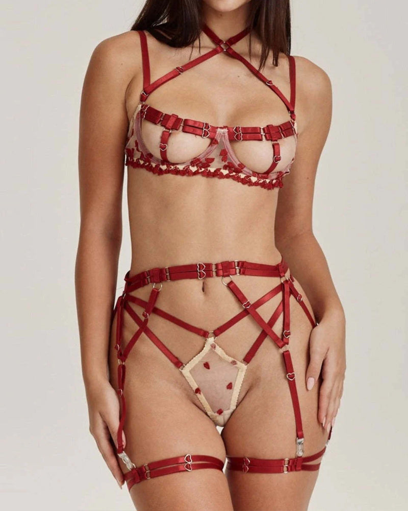 Sexy Floral Lace Two-Color Stitching Heart Decoration Adjustable Strap Design Set