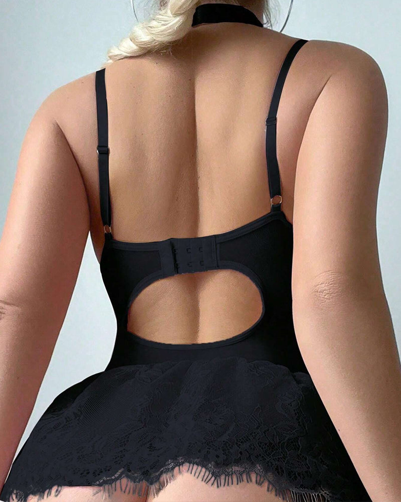 Sexy Floral Lace Low Cut Suspender Babydoll Dress with Garter Stockings