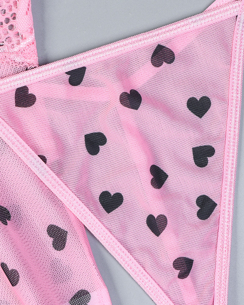 Camisón Sexy de Encaje Transparente con Estampado de Corazones y Tanga