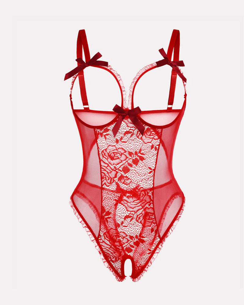 Pijama de una pieza con encaje floral, malla transparente, recorte en el pecho y entrepierna abierta