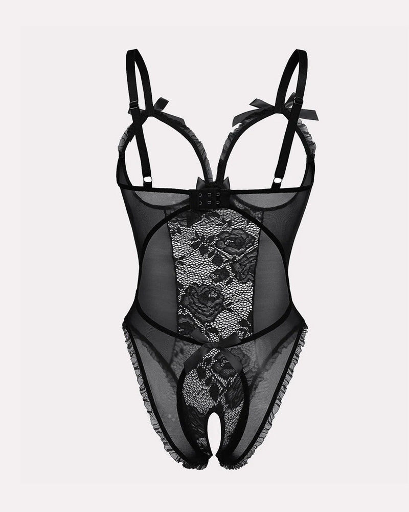 Pijama de una pieza con encaje floral, malla transparente, recorte en el pecho y entrepierna abierta