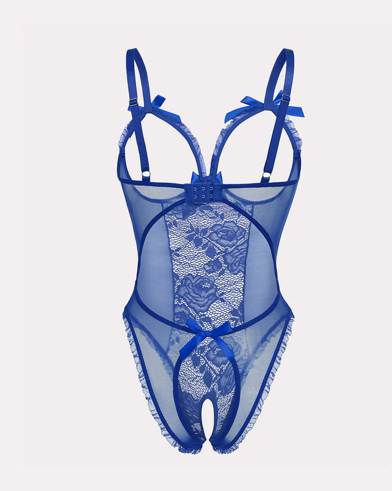 Pijama de una pieza con encaje floral, malla transparente, recorte en el pecho y entrepierna abierta