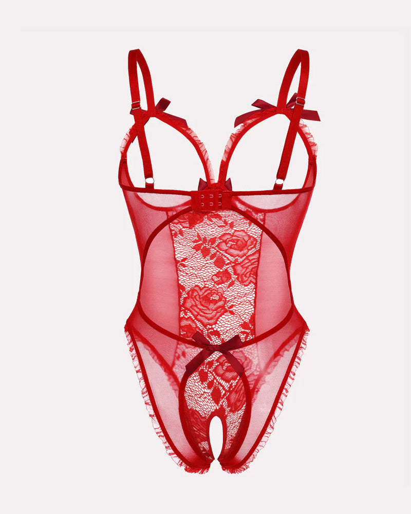 Pijama de una pieza con encaje floral, malla transparente, recorte en el pecho y entrepierna abierta