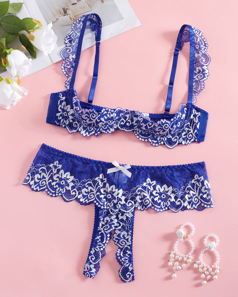 Conjunto Sexy de Encaje y Malla Transparente con Sujetador y Braguita Abierta – Sexy Lace Mesh Open Crotch Hollow Bra & Underwear Set