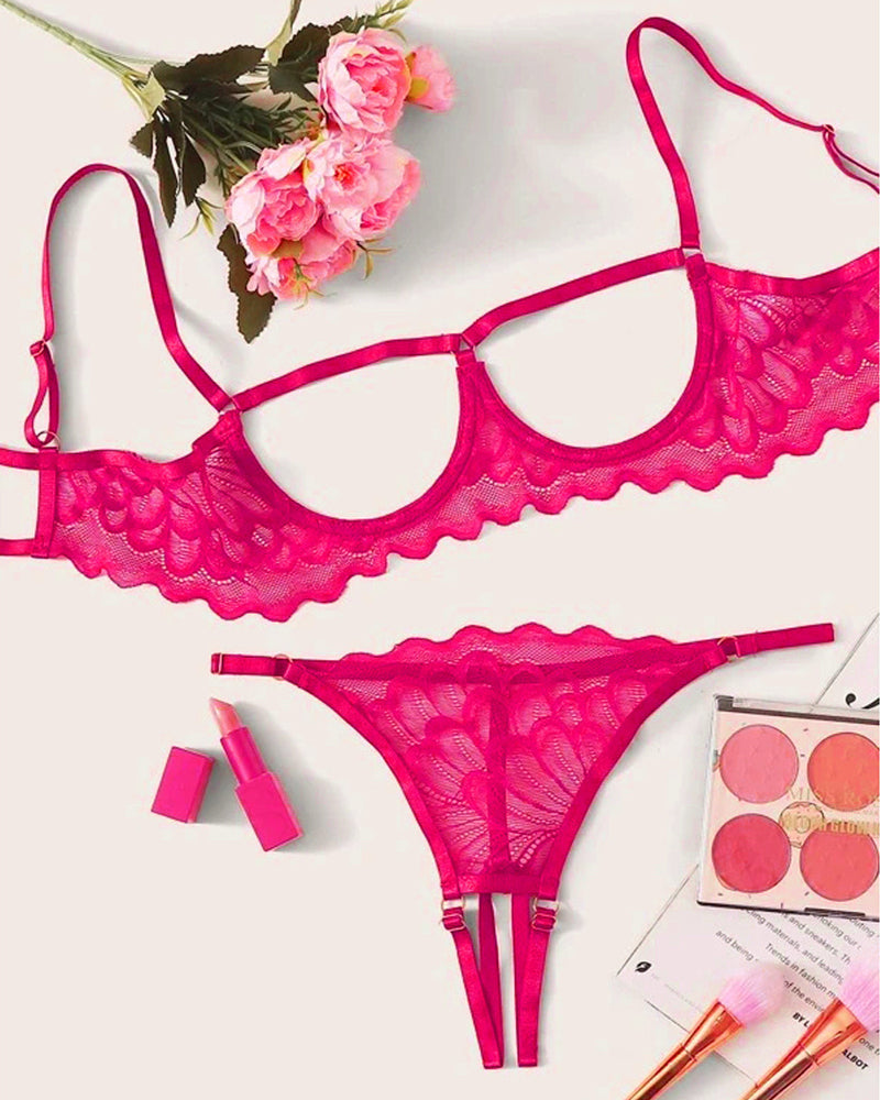Sexy Lace Hollow Anti-Sagging Bra and Crotchless Thong Set