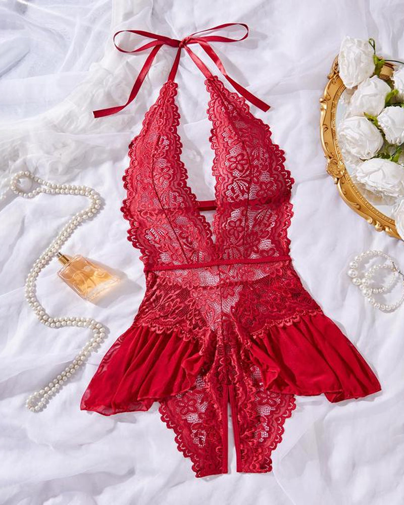 Conjunto Sexy de Pijama de Una Pieza de Encaje Hueco con Tirantes y Crotch Abiert