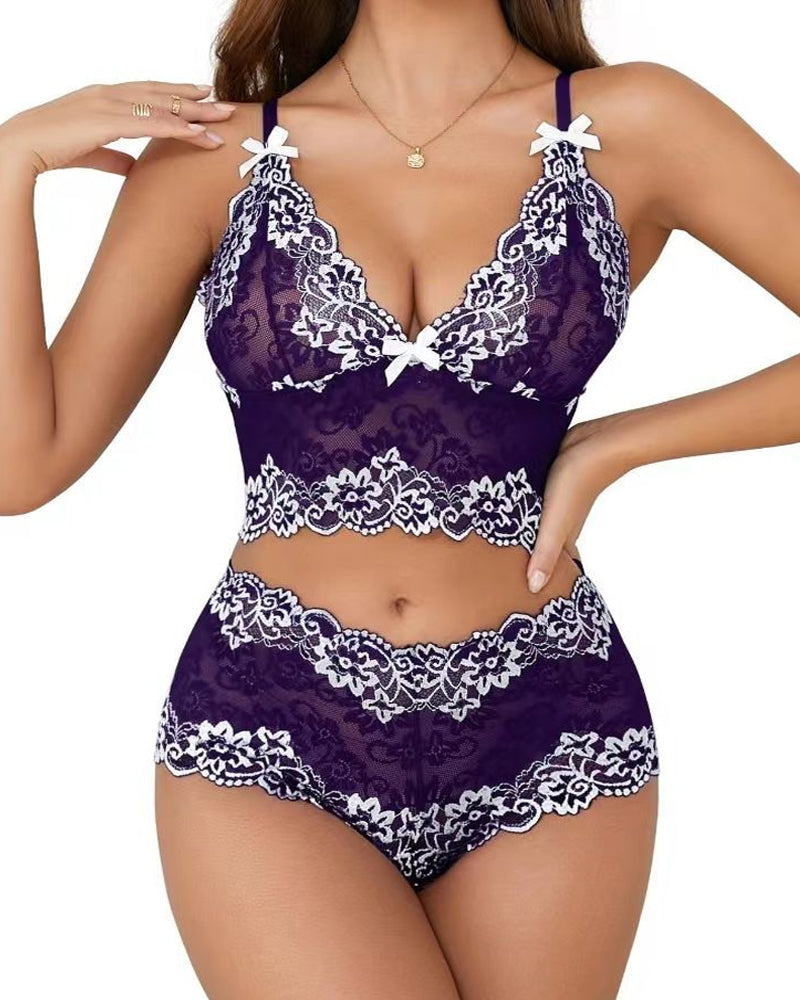 Conjunto de Ropa Interior Sexy de Encaje con Bloques de Color