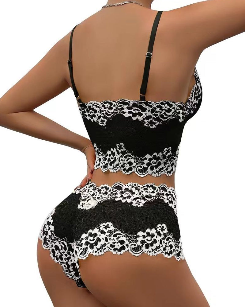 Conjunto de Ropa Interior Sexy de Encaje con Bloques de Color