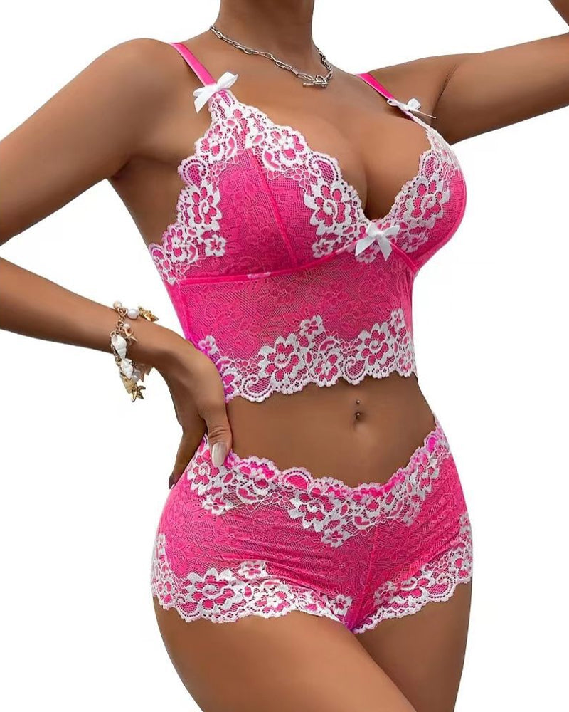 Conjunto de Ropa Interior Sexy de Encaje con Bloques de Color