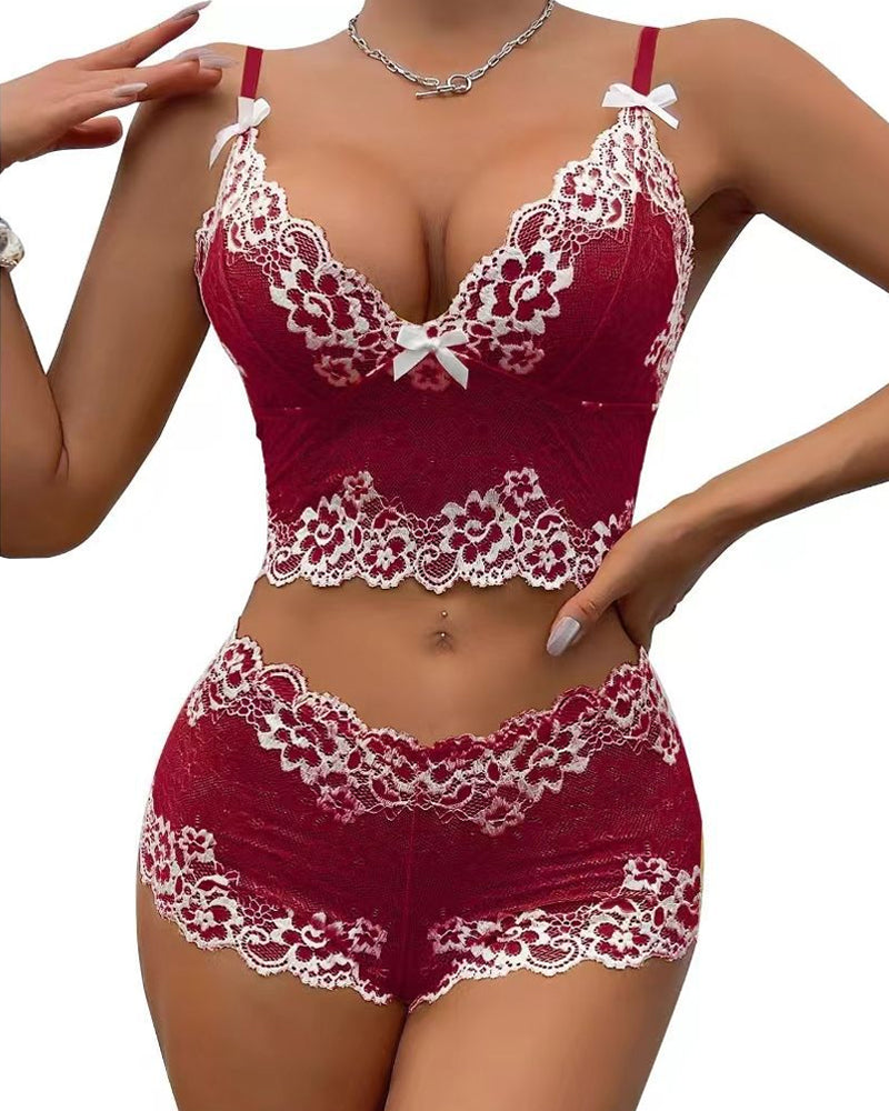 Conjunto de Ropa Interior Sexy de Encaje con Bloques de Color