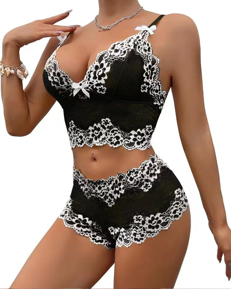 Conjunto de Ropa Interior Sexy de Encaje con Bloques de Color