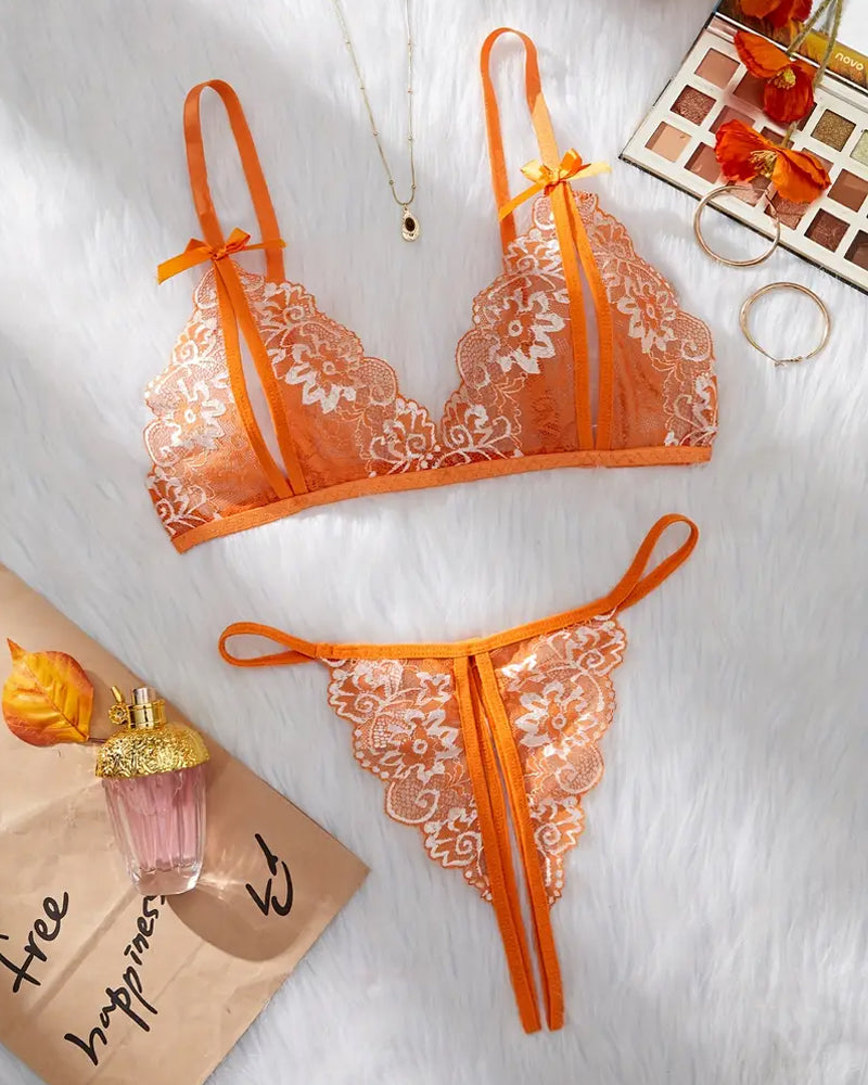 Sexy Floral Lace Exposed Breast Bra and Crotchless Thong Panty Set