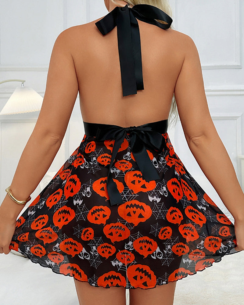 Camisón Sexy de Malla con Encaje, Escote Profundo en V y Estampado de Halloween y Navidad
