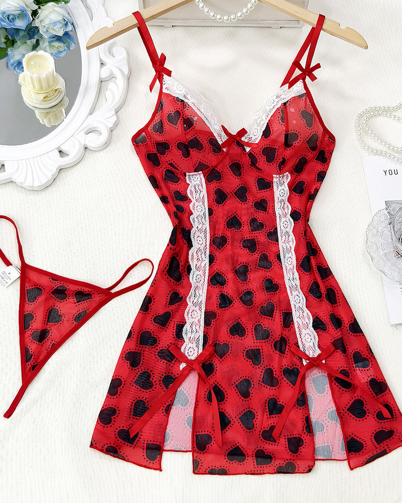 Christmas Lace Bow V-Neck Suspender Nightdress