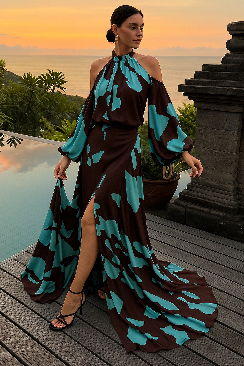 Off-the-shoulder printed waist dress