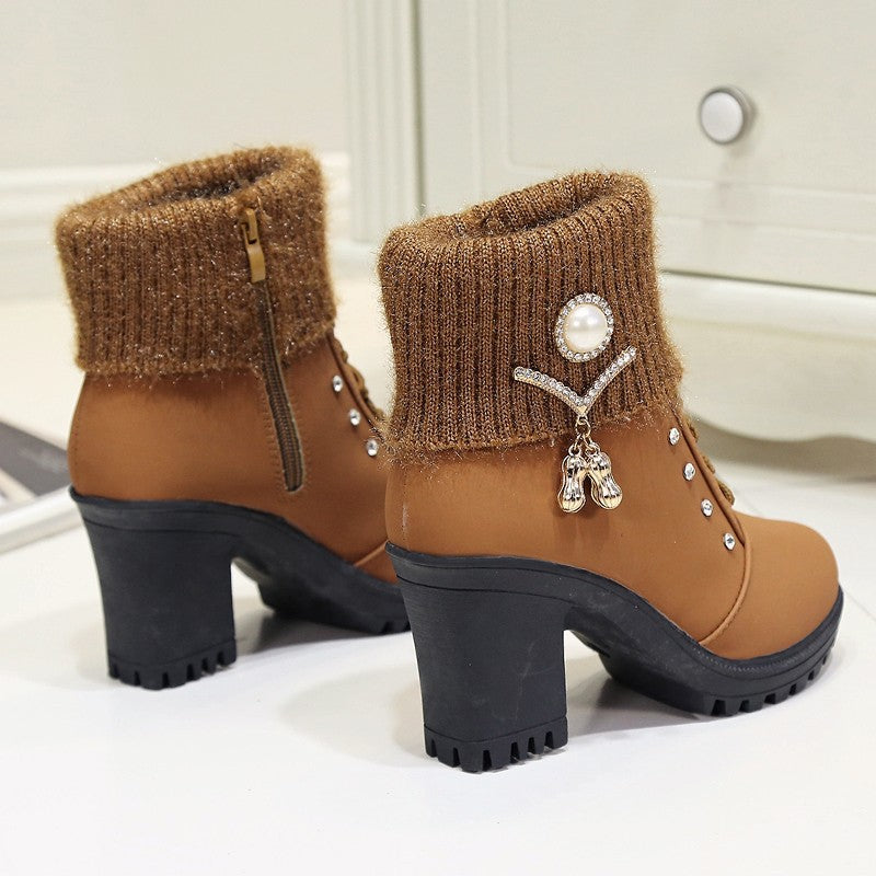 AuraGlide Glamour Boots | Rhinestone Embellished Knit-Cuff Dress Boots