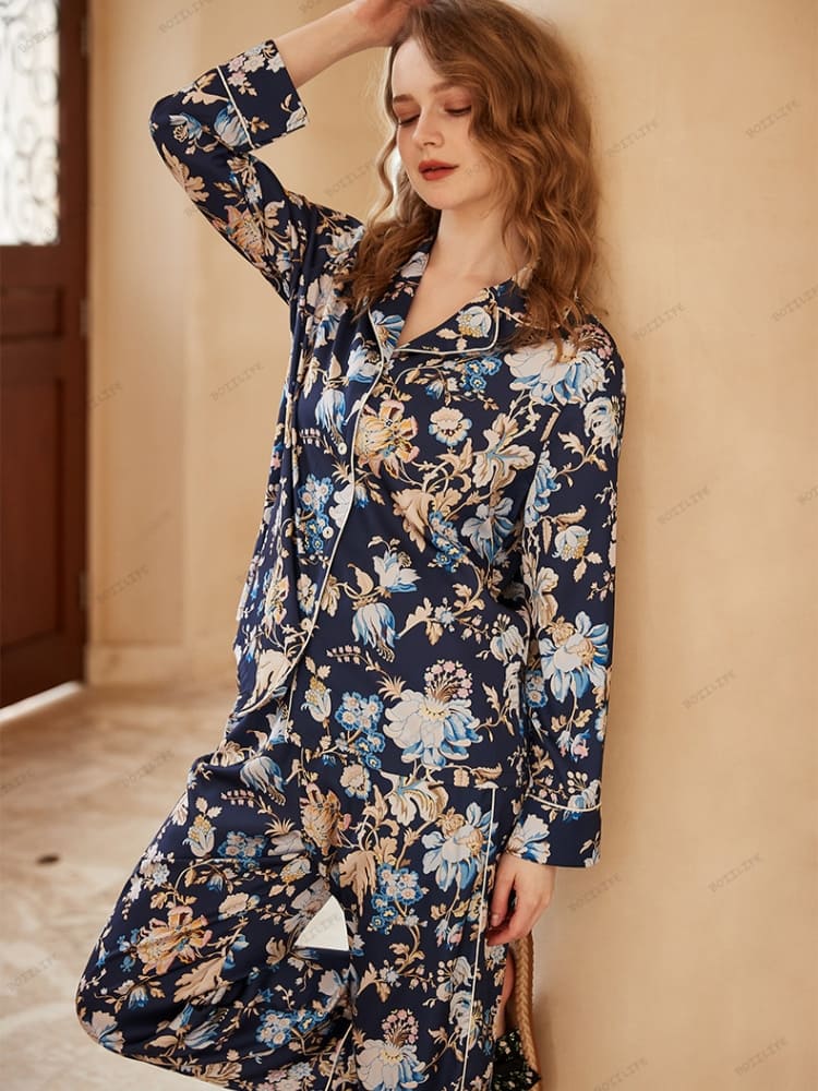 Begonia Flower Print Long-Sleeve Pajama Loungewear Set