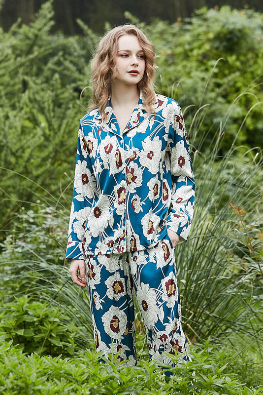 Blue Floral Pattern Long Sleeve Loungewear Set
