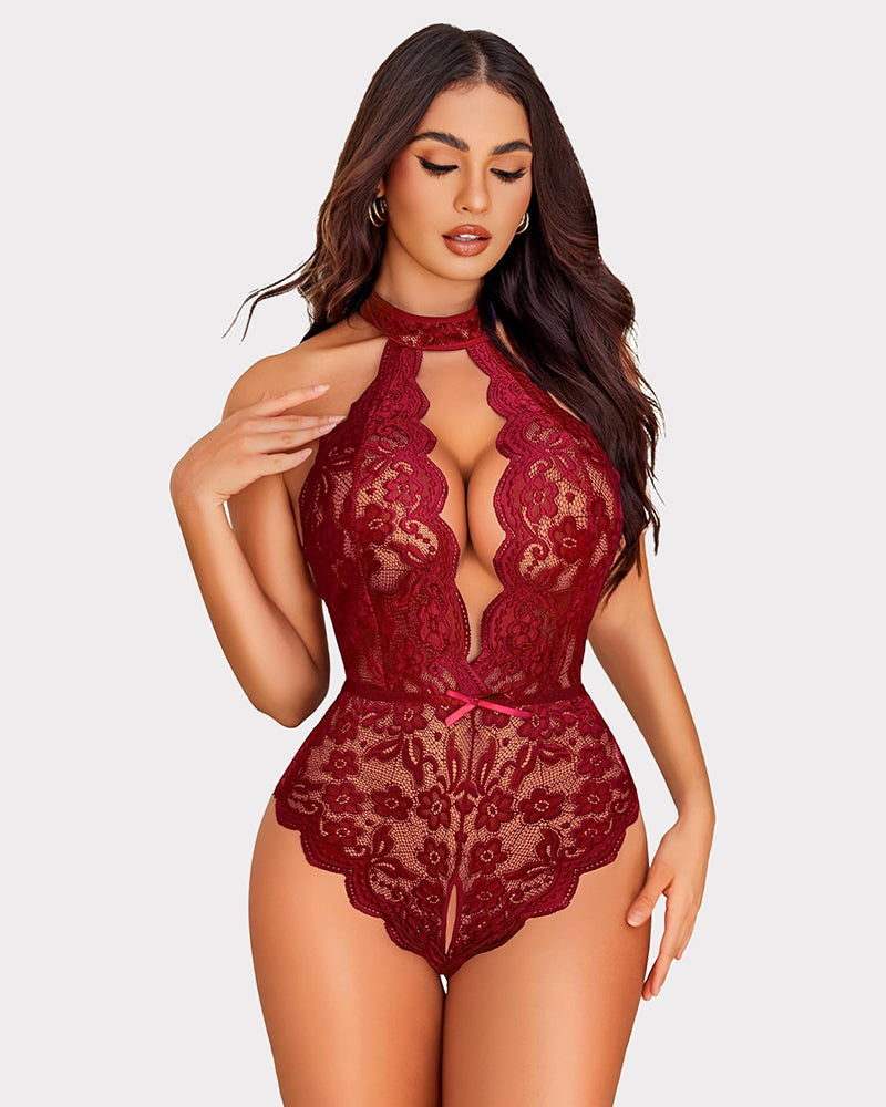 Body de Encaje con Escote en V y Diseño Halter – Teddy