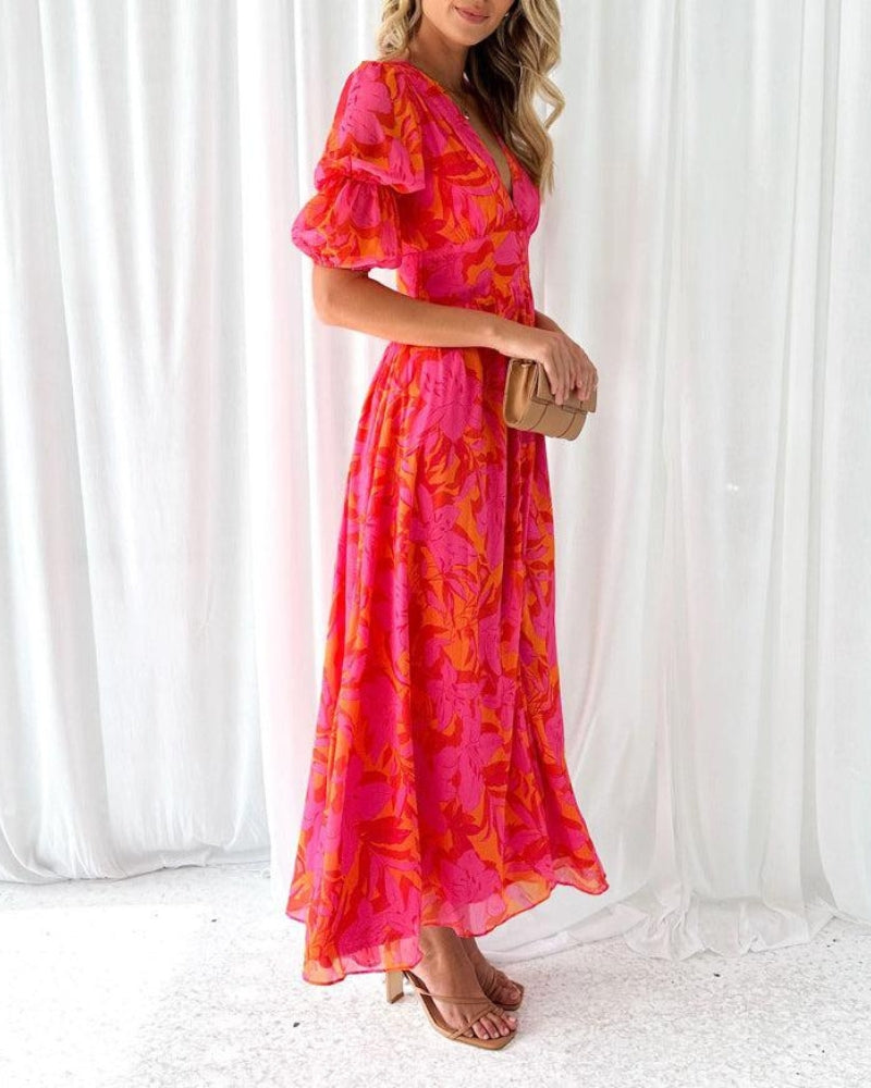 Alva - Elegant V-neck Puff Sleeve Maxi Dress
