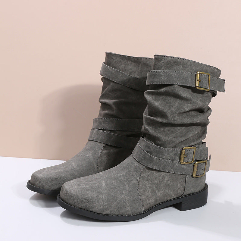 Sloane Luxe Slouch Boots – Buckle-Accented Mid-Calf Flat Boots