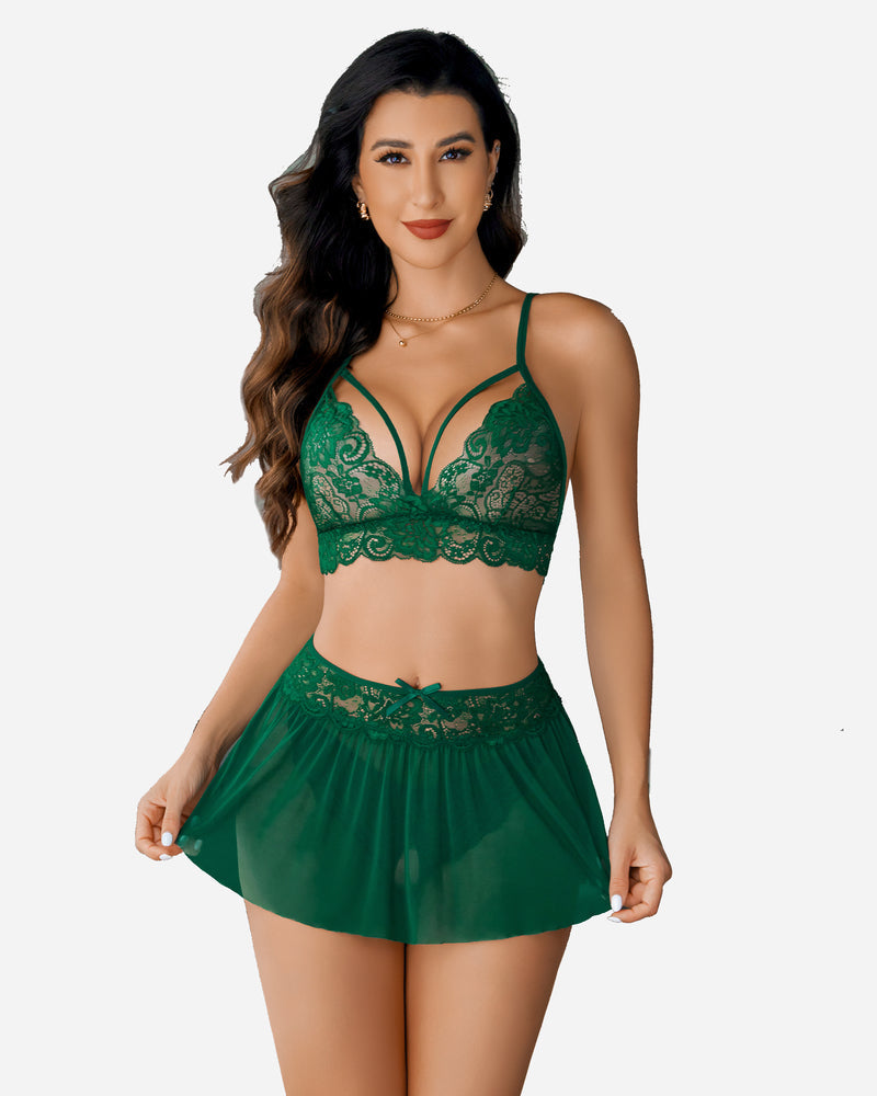 3 Piece Sets Lace Bralette, Skirt with Panty