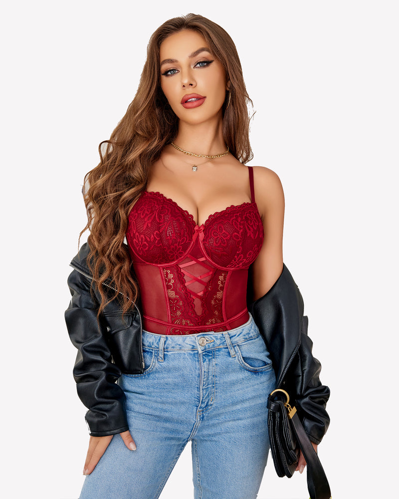 Conjunto de corsé y tanga de encaje floral con liguero