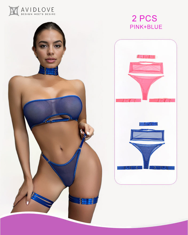 Conjunto de Lencería de 4 Piezas con Malla Transparente (Sostén y Tanga)