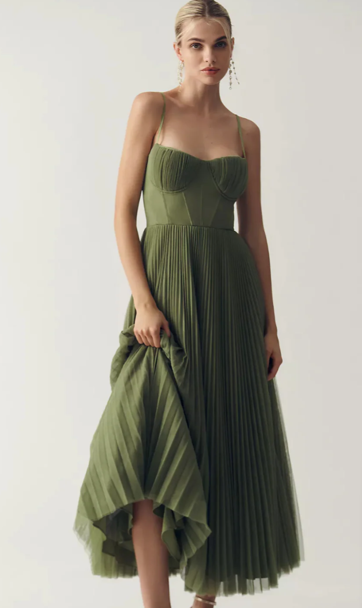 Bustier Pleated Tulle Fit & Flare Midi Dress