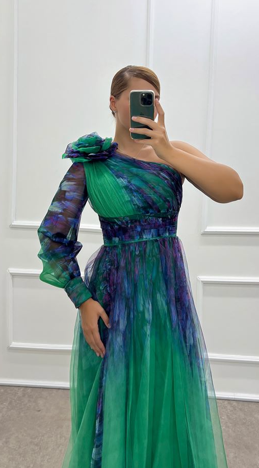 Judith - Trendy One Shoulder Mesh Print Maxi Dress