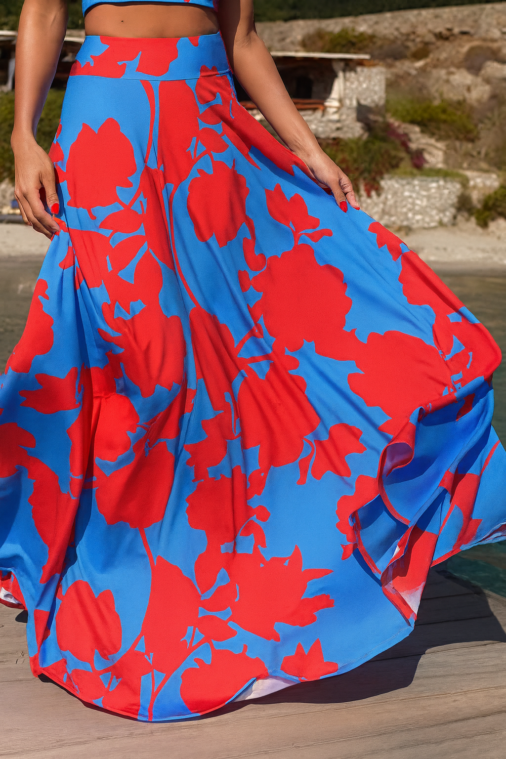 Floral Print Skirt Set – Red & Blue Summer Two-Piece