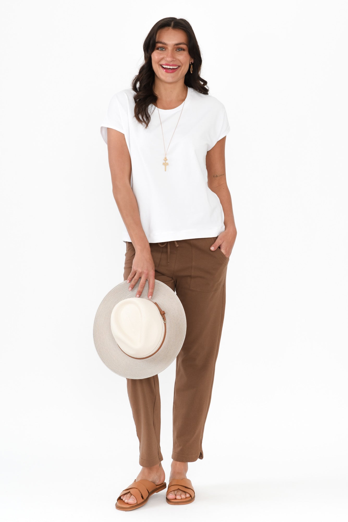 Pantalones de algodón con cordón color chocolate Angie