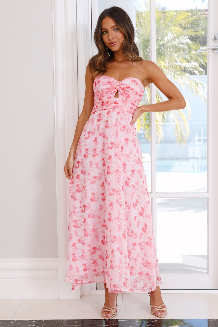 Love Fantasy Strapless Pink Midi Dress | Romantic Floral Fit