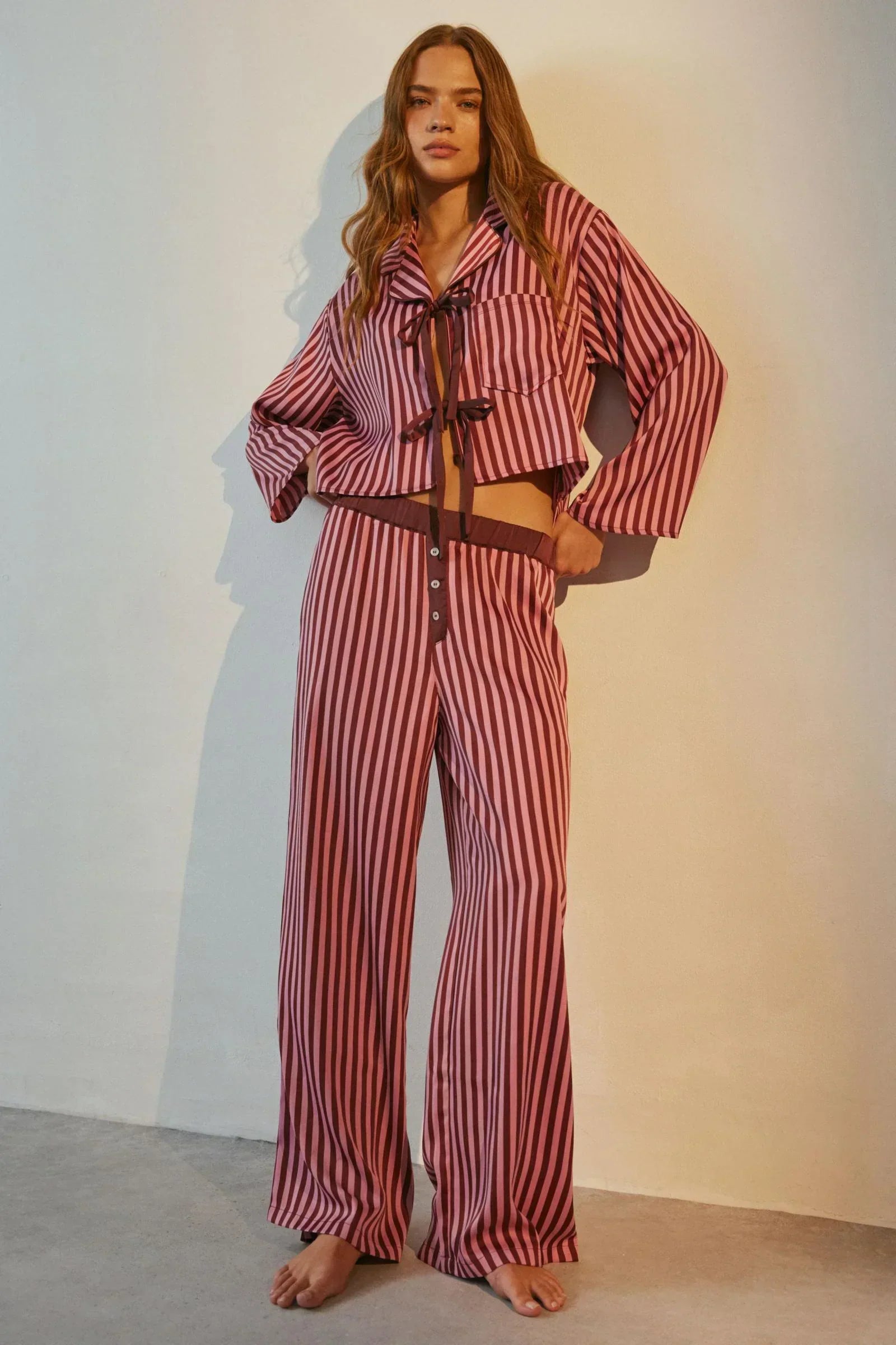 Striped Lace-Up Satin Pajama