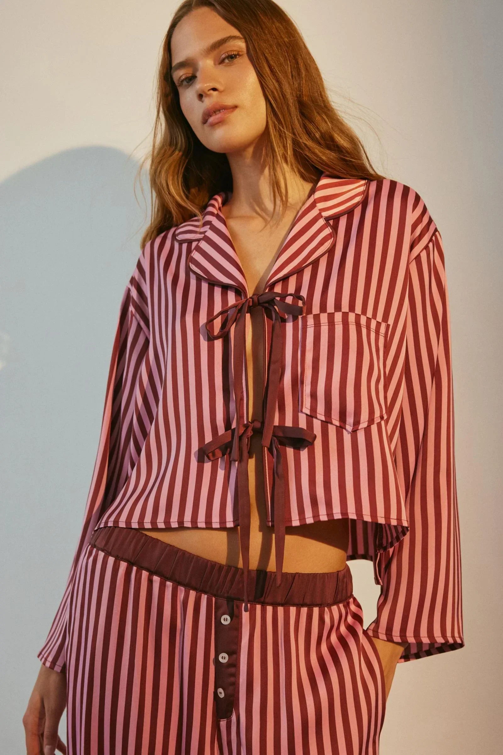 Striped Lace-Up Satin Pajama