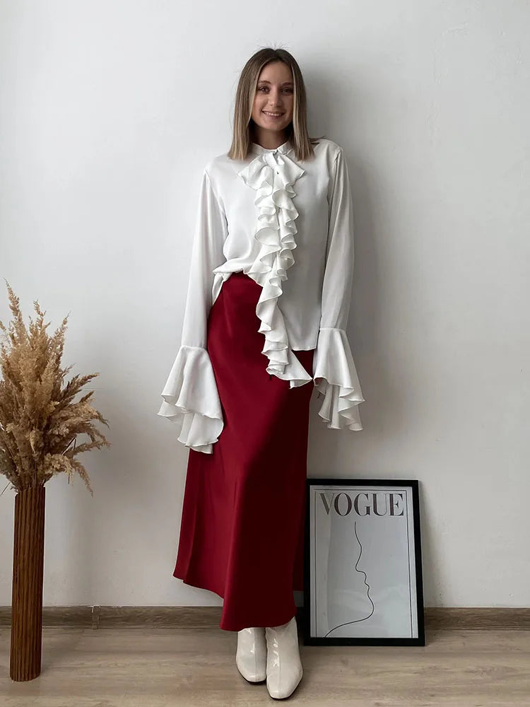 Falda larga de satén negro, ideal para trabajo