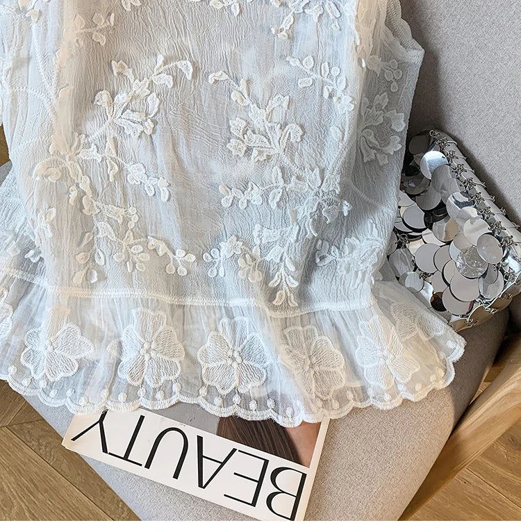 Blusa tirantes fina de lino y algodón a crochet